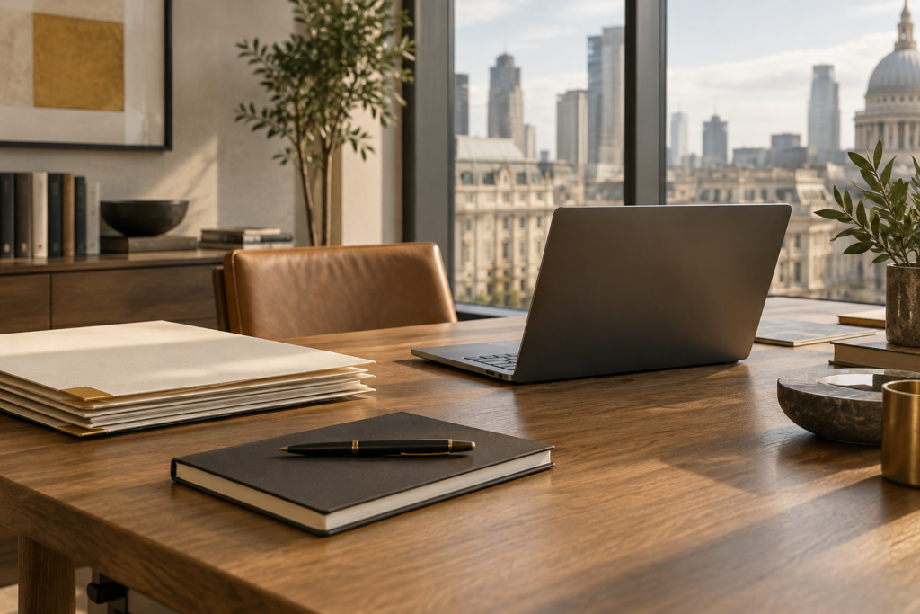 AI-generated editorial illustration of an investor research workspace with organized folders, a notebook, and a laptop.